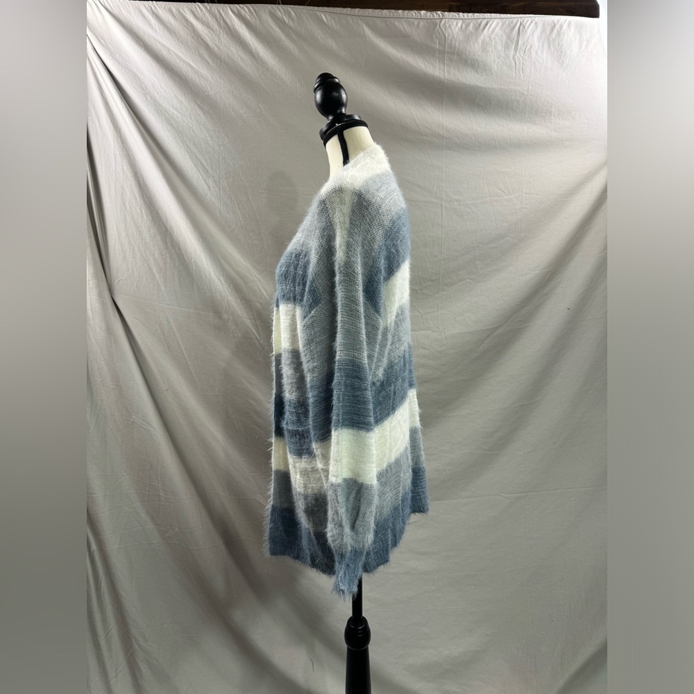 Blue Drop Shoulder Open Front Fluffy Knit Cardigan - Picture 8 of 9